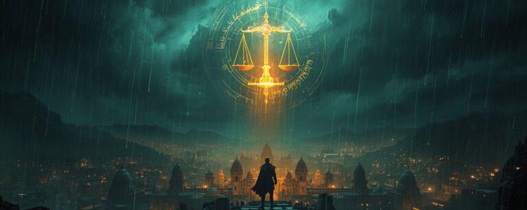 Im Regen steht ein einsamer Mann auf einer Ruine über einer indisch wirkenden Stadt, über ihm schwebt eine leuchtende goldene Waage der Gerechtigkeit im Sturm – Symbolbild für den Fantasy-Film 45.