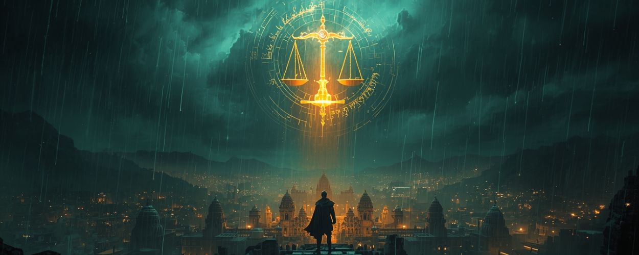 Im Regen steht ein einsamer Mann auf einer Ruine über einer indisch wirkenden Stadt, über ihm schwebt eine leuchtende goldene Waage der Gerechtigkeit im Sturm – Symbolbild für den Fantasy-Film 45.