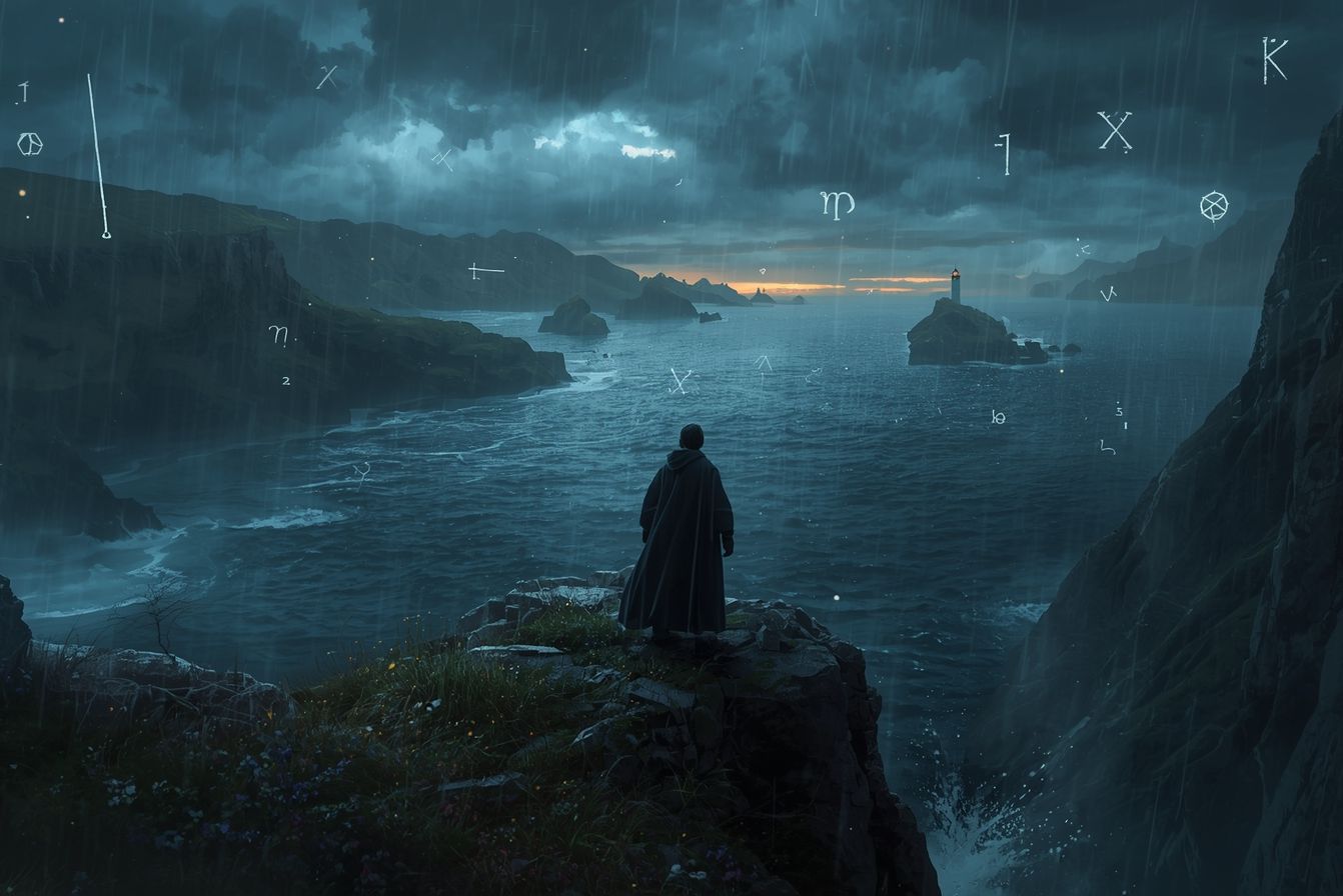 Ein verhüllter Zauberer steht im Regen auf einer Klippe und blickt über ein dunkles Inselmeer; leuchtende Runenzeichen schweben am Himmel, in der Ferne ein Leuchtturm auf einer Felseninsel.