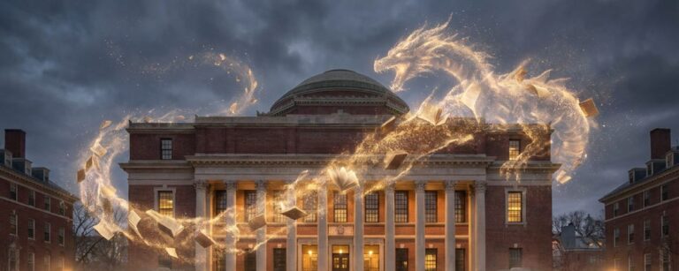 Der Harvard Uni Bau bei Dämmerung, umhüllt von einem riesigen Drachen aus wirbelndem Staub und Buchseiten, während Studierende ehrfürchtig im Hof stehen und nach oben blicken.