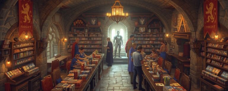 Gemütlicher Spieleladen im Stil eines mittelalterlichen Kellers mit langen Spieltischen, Regalen voller Sammelkartenspiele und einer Ritterrüstung in der Ecke – Symbolbild für den Local Game Store Löwenherz in Fulda.