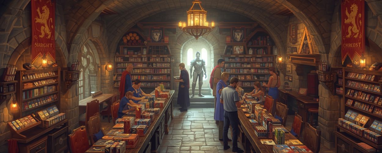 Gemütlicher Spieleladen im Stil eines mittelalterlichen Kellers mit langen Spieltischen, Regalen voller Sammelkartenspiele und einer Ritterrüstung in der Ecke – Symbolbild für den Local Game Store Löwenherz in Fulda.