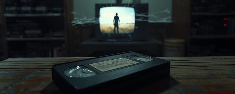 Ein altes VHS-Band liegt auf einem Holztisch, im Hintergrund zeigt ein flackernder Röhrenfernseher die Silhouette einer Person vor einem Feld, an der Wand hängt ein Kreuz.