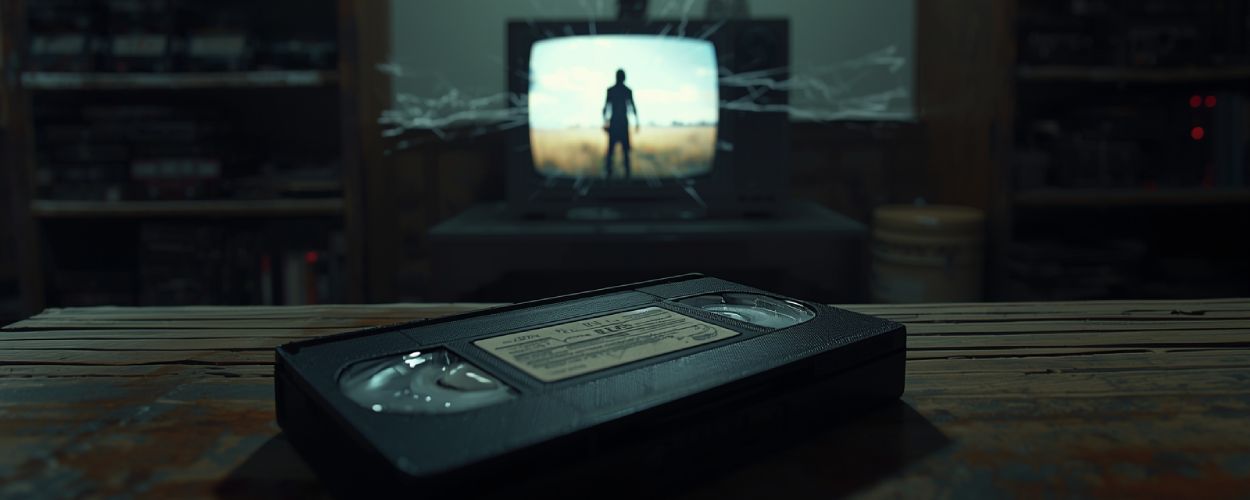 Ein altes VHS-Band liegt auf einem Holztisch, im Hintergrund zeigt ein flackernder Röhrenfernseher die Silhouette einer Person vor einem Feld, an der Wand hängt ein Kreuz.