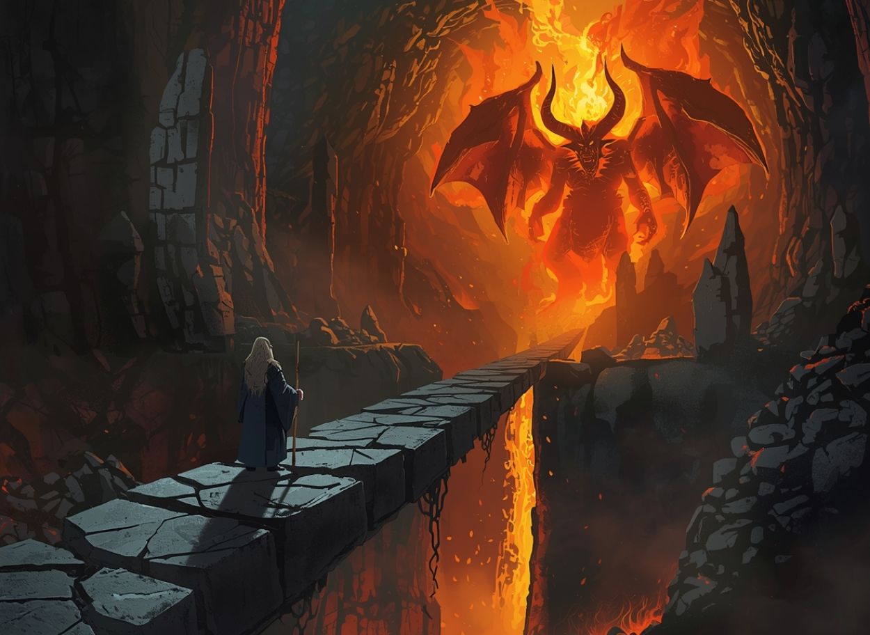 Gandalf steht allein auf der zerbrochenen Steinbrücke von Moria und blickt einem gigantischen, flammenden Balrog entgegen, ringsum leuchtet der Abgrund in glühender Lava.
