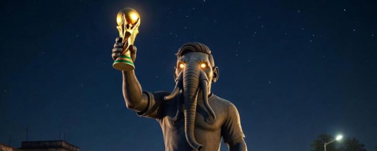 Nachtaufnahme einer riesigen Messi ähnlichen Statue mit Elefantenkopf und leuchtenden Augen, die einen goldenen WM Pokal hochhält, darunter drängt sich eine jubelnde Menge mit Fahnen und hochgehaltenen Smartphones auf einer indischen Straße.