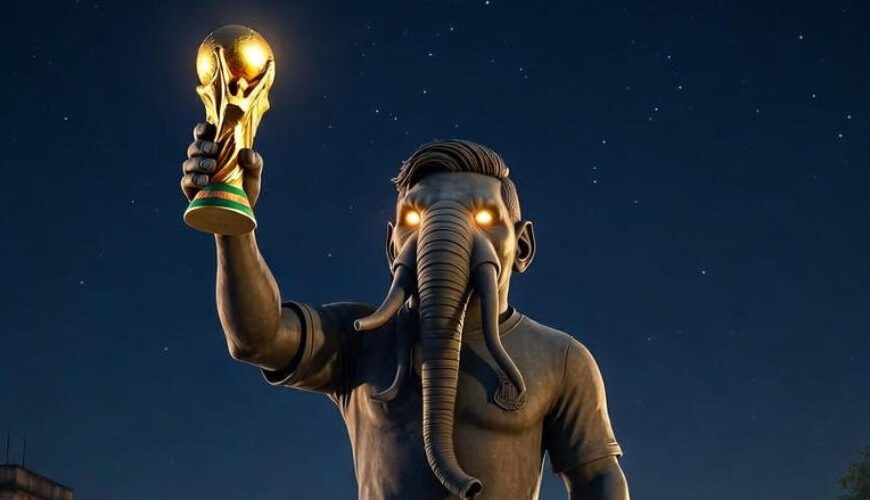 Nachtaufnahme einer riesigen Messi ähnlichen Statue mit Elefantenkopf und leuchtenden Augen, die einen goldenen WM Pokal hochhält, darunter drängt sich eine jubelnde Menge mit Fahnen und hochgehaltenen Smartphones auf einer indischen Straße.