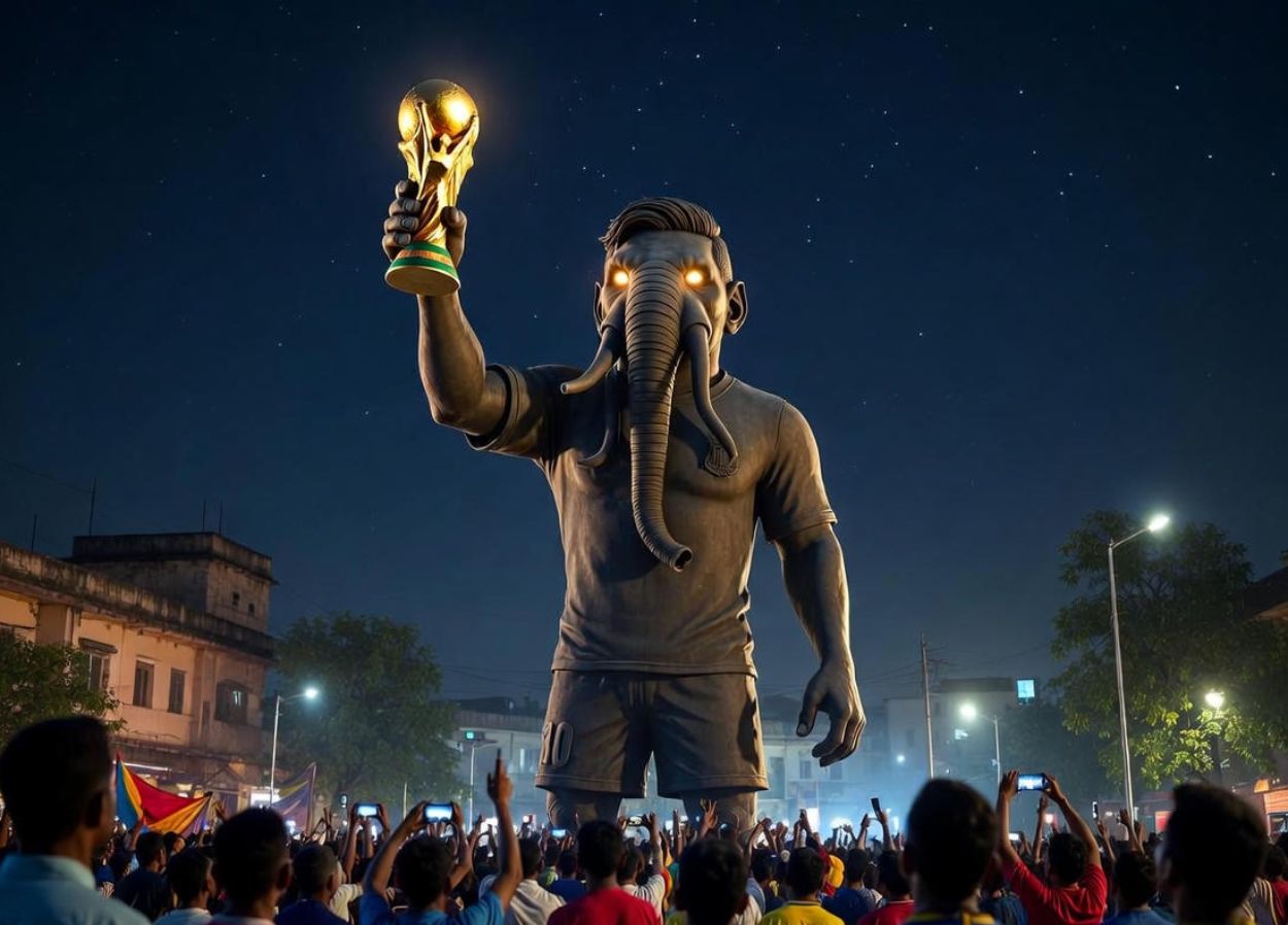 Nachtaufnahme einer riesigen Messi ähnlichen Statue mit Elefantenkopf und leuchtenden Augen, die einen goldenen WM Pokal hochhält, darunter drängt sich eine jubelnde Menge mit Fahnen und hochgehaltenen Smartphones auf einer indischen Straße.