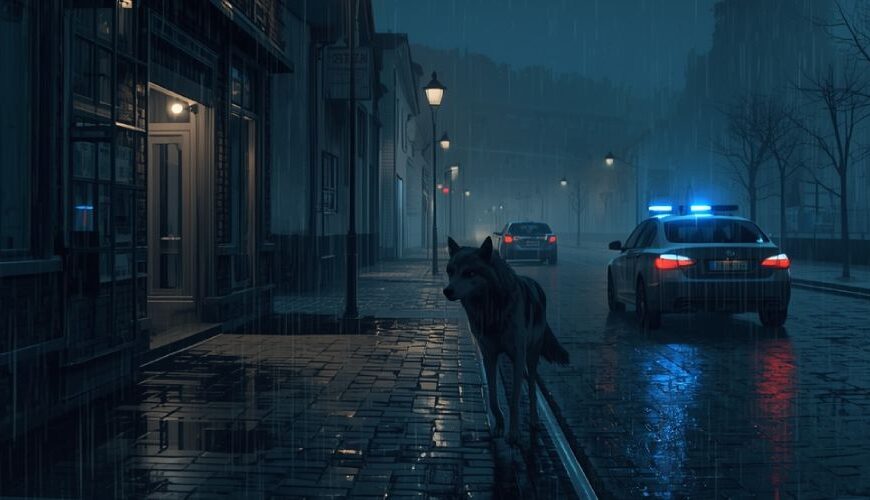 Nächtliche regnerische Straße vor einer deutschen Polizeiwache, ein Wolf läuft am Rand des nassen Pflasters, im Hintergrund ein Polizeiauto mit Blaulicht und über der Szene ein leuchtender magischer Runenkreis um den Mond.