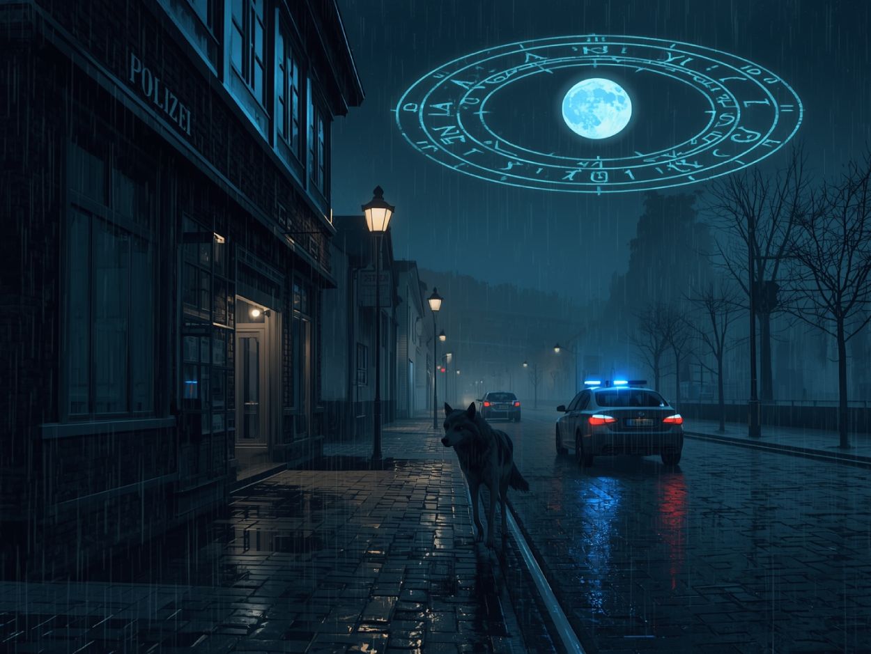 Halbrealistische Fantasy-Szene in einem vollbesetzten Fußballstadion bei Nacht, über dem Rasen schwebt ein leuchtender Ring aus Runen, während dunkle Gestalten mit Kronen und Stäben von den Rängen aus auf das Spielfeld blicken.