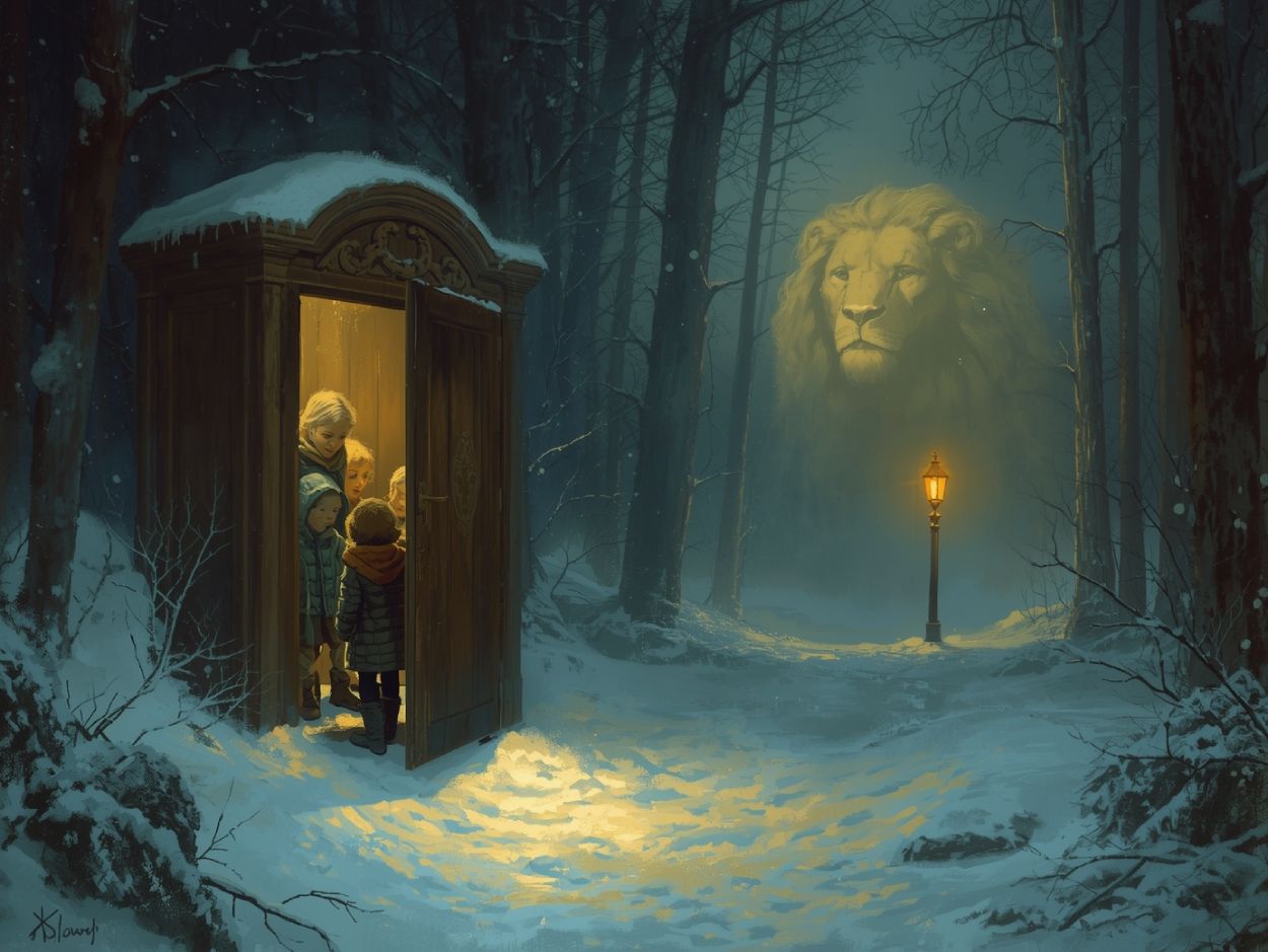 Vier Kinder treten aus einem leuchtenden Kleiderschrank in einen verschneiten Wald, im Hintergrund brennt ein einzelner Laternenpfahl und der schemenhafte Kopf eines Löwen erscheint im Nebel zwischen den Bäumen.