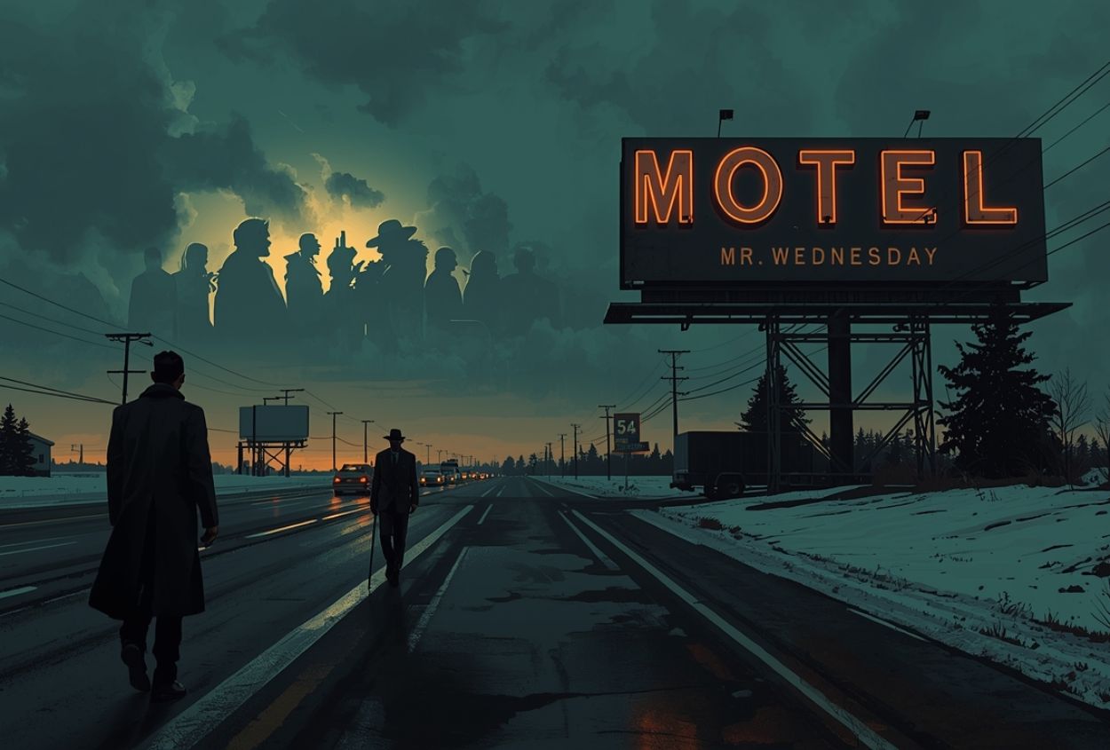 Auf einer winterlichen US-Highwaystraße laufen zwei Männer im Mantel in die Dämmerung; rechts leuchtet ein großes Neon-Werbeboard mit der Aufschrift „MOTEL – MR. WEDNESDAY“, über der Straße zeichnen sich schemenhaft die Silhouetten von Göttergestalten in den dunklen Wolken ab.