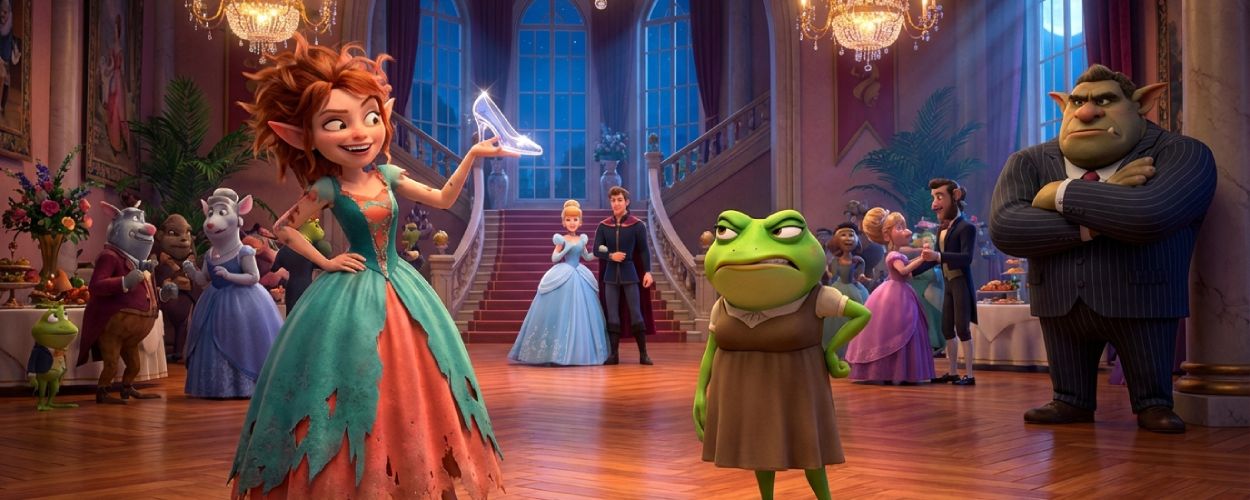 In einem hell erleuchteten Ballsaal hält eine zerzauste Stiefschwester im zerrissenen Kleid triumphierend einen leuchtenden Glasschuh hoch, neben ihr steht ihre in einen Frosch verwandelte Schwester mit genervtem Blick, während Cinderella, der Prinz und ein bulliger Bodyguard im Hintergrund zusehen – Szene im Stil des Netflix-Films „Steps“.