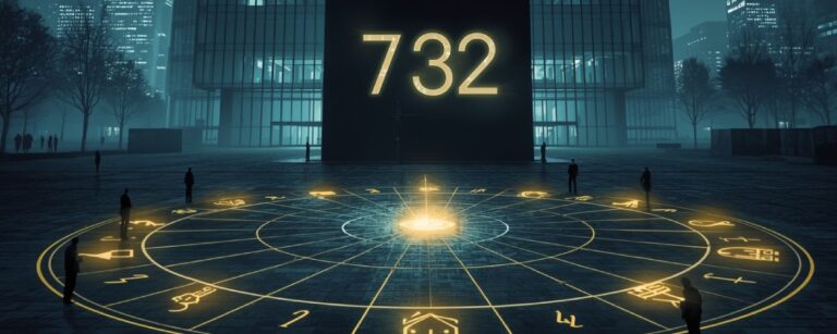 Düstere Stadtplaza vor einem gläsernen Büroturm, ein schwarzer Kubus mit der leuchtenden Zahl 732, davor ein großer Kreis aus zwölf gelben Symbolen wie Kreditrunen, um den mehrere Menschen stehen.