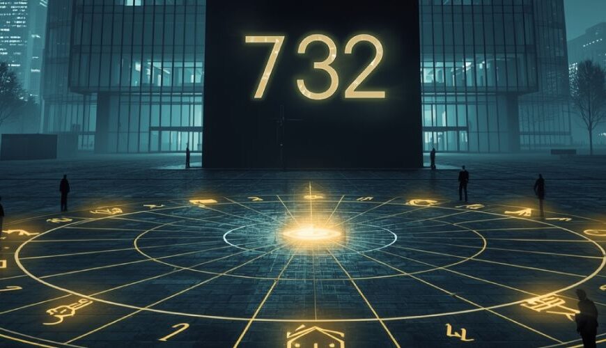Düstere Stadtplaza vor einem gläsernen Büroturm, ein schwarzer Kubus mit der leuchtenden Zahl 732, davor ein großer Kreis aus zwölf gelben Symbolen wie Kreditrunen, um den mehrere Menschen stehen.