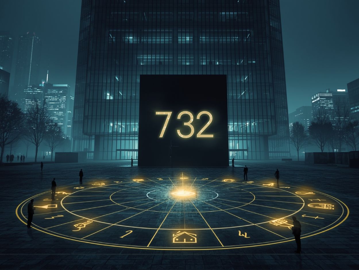 Düstere Stadtplaza vor einem gläsernen Büroturm, ein schwarzer Kubus mit der leuchtenden Zahl 732, davor ein großer Kreis aus zwölf gelben Symbolen wie Kreditrunen, um den mehrere Menschen stehen.