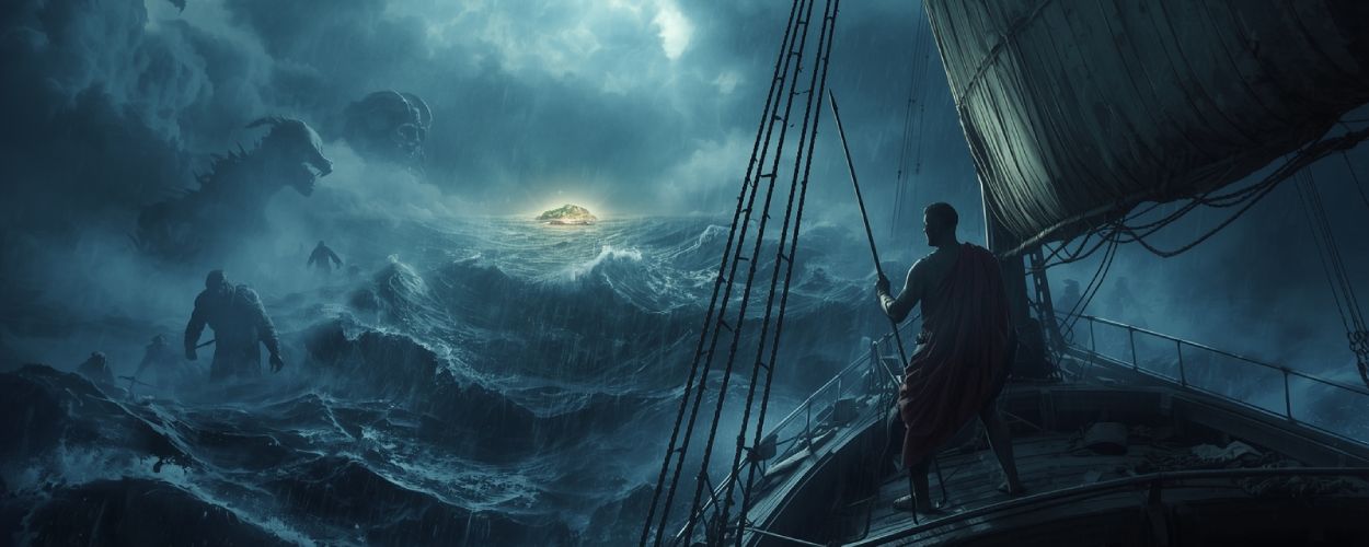 Odysseus steht auf einem Schiff im tobenden Sturm, während sich links gewaltige Meeresungeheuer aus den Wellen erheben und in der Ferne eine hell leuchtende Insel auftaucht.