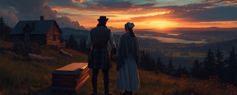 Illustration zu Outlander Staffel 8: schottischer Krieger und Frau Hand in Hand vor Fraser’s Ridge, Sarg im Gras, Blick über Tal im dramatischen Sonnenuntergang.