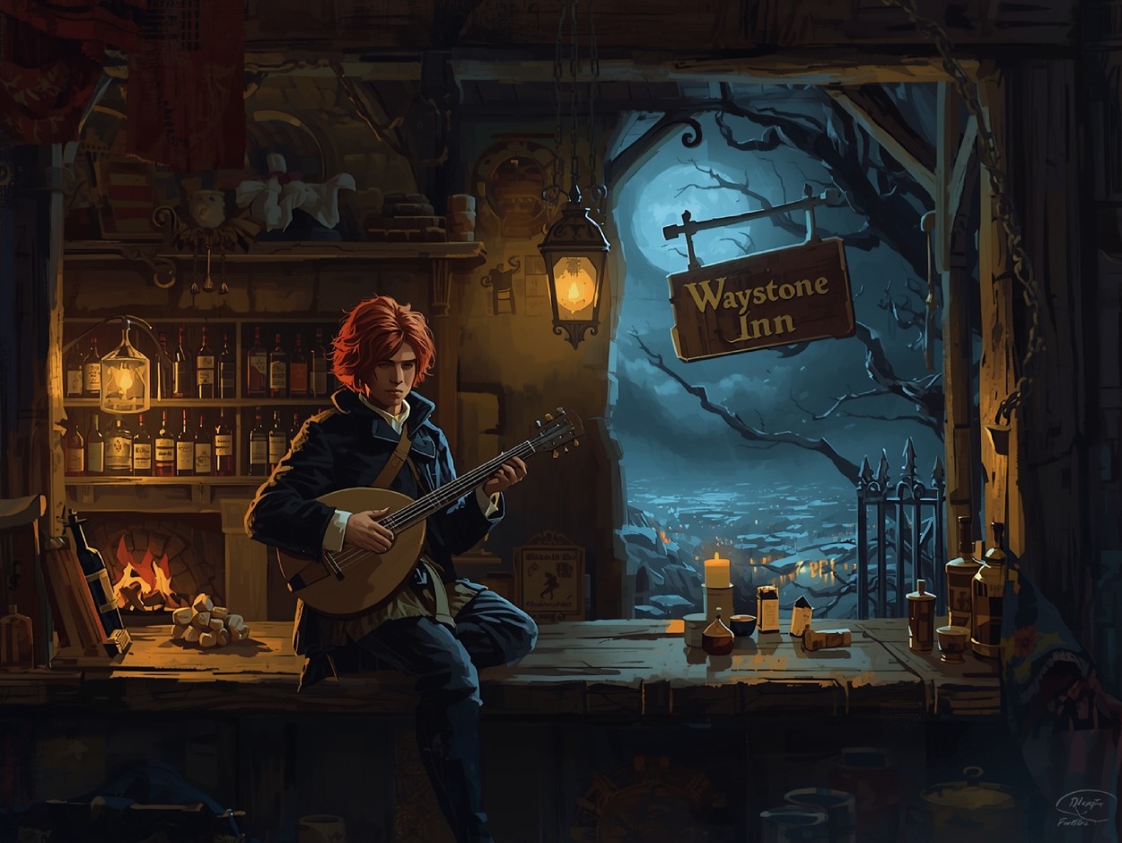 Ein rothaariger junger Mann sitzt nachts auf dem Tresen des Waystone Inn, spielt Laute vor einem Kamin und Regalen voller Flaschen, vor der offenen Tür hängt ein Schild mit der Aufschrift „Waystone Inn“ und draußen tobt ein stürmischer, blau beleuchteter Himmel über einem kahlen Baum.