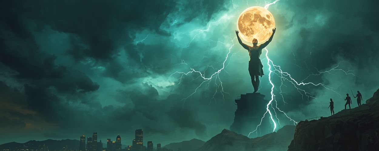 Drei Jugendliche stehen auf einem Steg am Meer und blicken auf eine riesige Statue, die eine leuchtende Sphäre unter Blitzschlag in den Himmel stemmt, vor der Skyline einer Stadt.