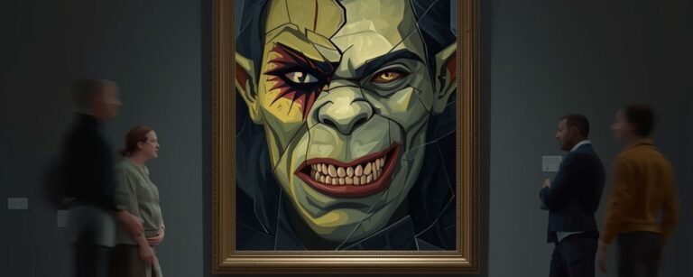 Großer Bilderrahmen in einem Museum mit dem kubistisch gebrochenen Gesicht einer bösartig grinsenden Orc Prinzessin, davor stehen unscharfe Besucher, während eine schwarze Katze panisch vor dem Bild über den Parkettboden läuft.