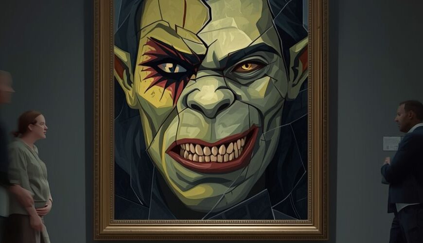 Großer Bilderrahmen in einem Museum mit dem kubistisch gebrochenen Gesicht einer bösartig grinsenden Orc Prinzessin, davor stehen unscharfe Besucher, während eine schwarze Katze panisch vor dem Bild über den Parkettboden läuft.