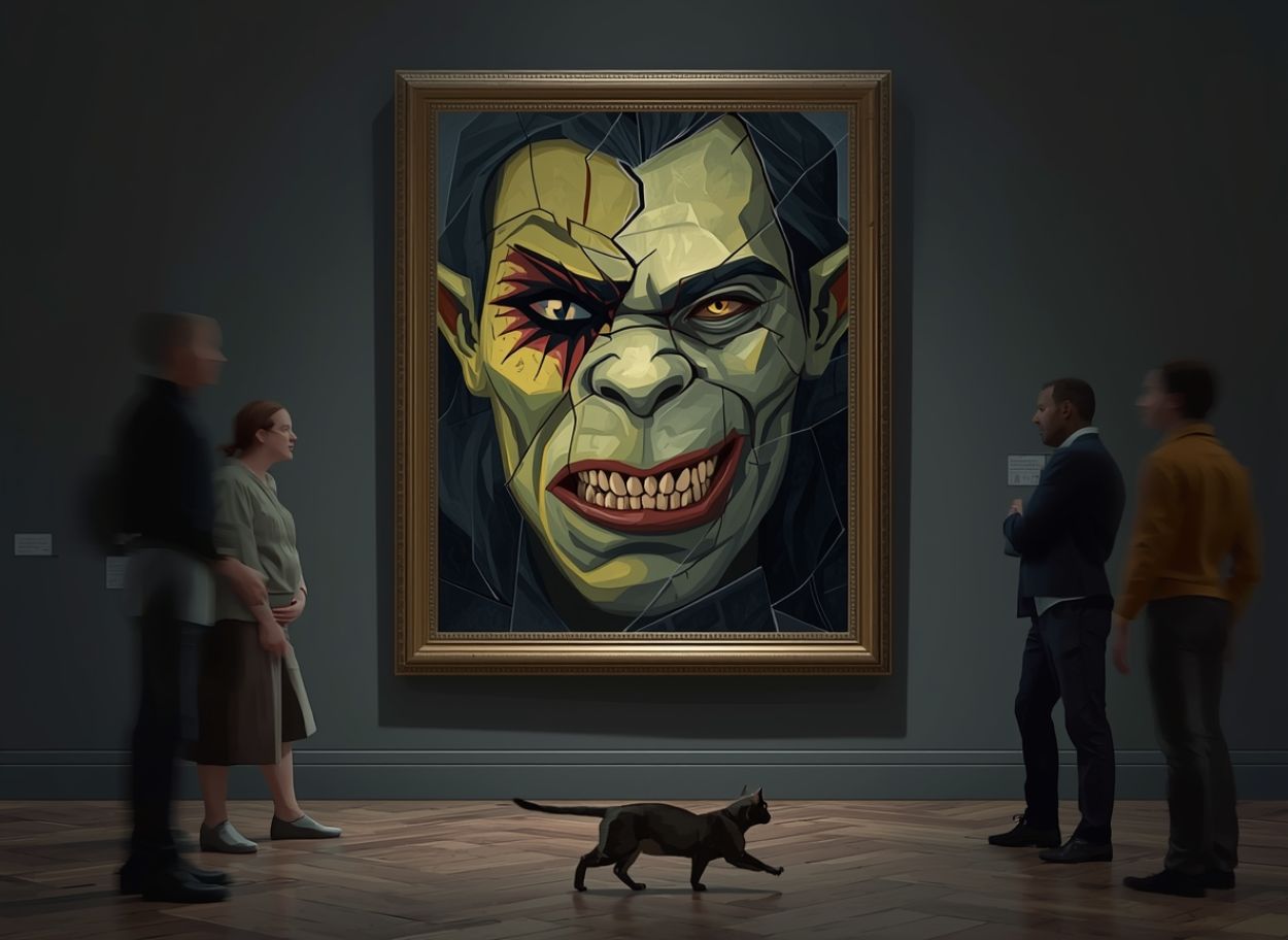 Großer Bilderrahmen in einem Museum mit dem kubistisch gebrochenen Gesicht einer bösartig grinsenden Orc Prinzessin, davor stehen unscharfe Besucher, während eine schwarze Katze panisch vor dem Bild über den Parkettboden läuft.