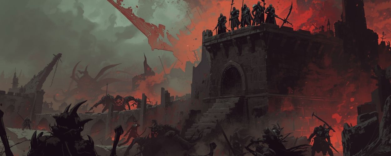 Ein Heldentrupp stellt sich in einer zerrissenen Dark-Fantasy-Landschaft einer Welle aus Schmerzwesen entgegen.