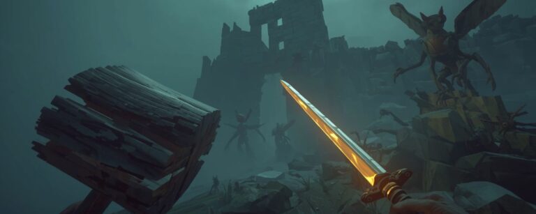 First Person Blick auf ein leuchtendes Schwert und einen groben Holzhammer vor einer verfallenen Burg, umgeben von geflügelten Monstern im Nebel.