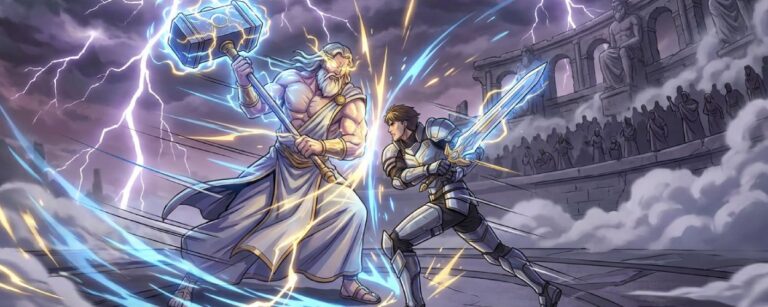 Anime-Szene in einer himmlischen Arena: Ein bärtiger Gott mit riesigem Hammer prallt im Blitzgewitter mit einem gepanzerten Krieger zusammen, Energiewellen und Blitze sprühen, im Hintergrund sitzen Statuen und Zuschauer im Kolosseum.