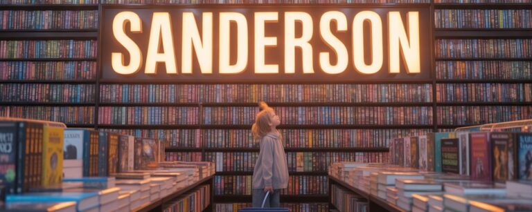In einem modernen Buchladen steht eine junge Person mit blauem Einkaufskorb zwischen zwei Tischen voller Bücher und starrt nach oben auf eine gewaltige Regalwand, über der in riesigen leuchtenden Buchstaben „SANDERSON“ steht – Symbolbild für die erdrückende Menge an Brandon-Sanderson-Romanen.