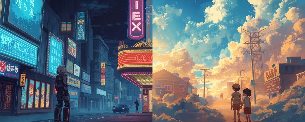 Geteiltes Bild mit animierter Sci-Fi-Neonstadt und einsamem Roboter links sowie zwei Kindern, die rechts in eine sonnige Traumlandschaft aus Wolken und Strommasten hineinlaufen, Symbolbild für Sci-Fi- und Fantasy-Animation.
