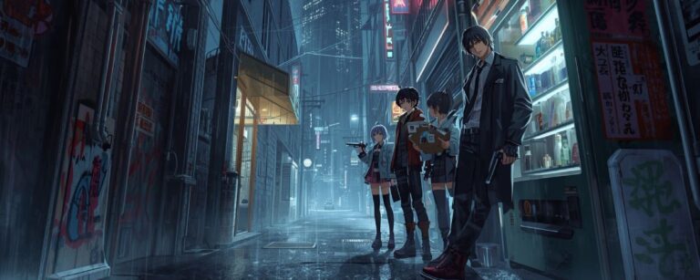In einer regenverhangenen Neon-Gasse stehen vier junge Leute im Anime-Stil, vorne ein müder Mann im Mantel mit Pistole vor einem hell erleuchteten Automaten, im Hintergrund ragt ein Hochhaus mit glühender Kronenstruktur in den Nachthimmel.
