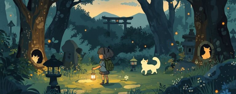 Ein Mädchen mit Rucksack hält in einer dämmrigen Waldlichtung eine Laterne, neben ihm läuft eine leuchtende weiße Katze, im Hintergrund steht ein Torii-Tor, während in Baumhöhlen und zwischen Schreinen kleine Geisterwesen auftauchen – stimmungsvolles Motiv zum Cozy Fantasy Spiel Seina: A Tale of Spirits.