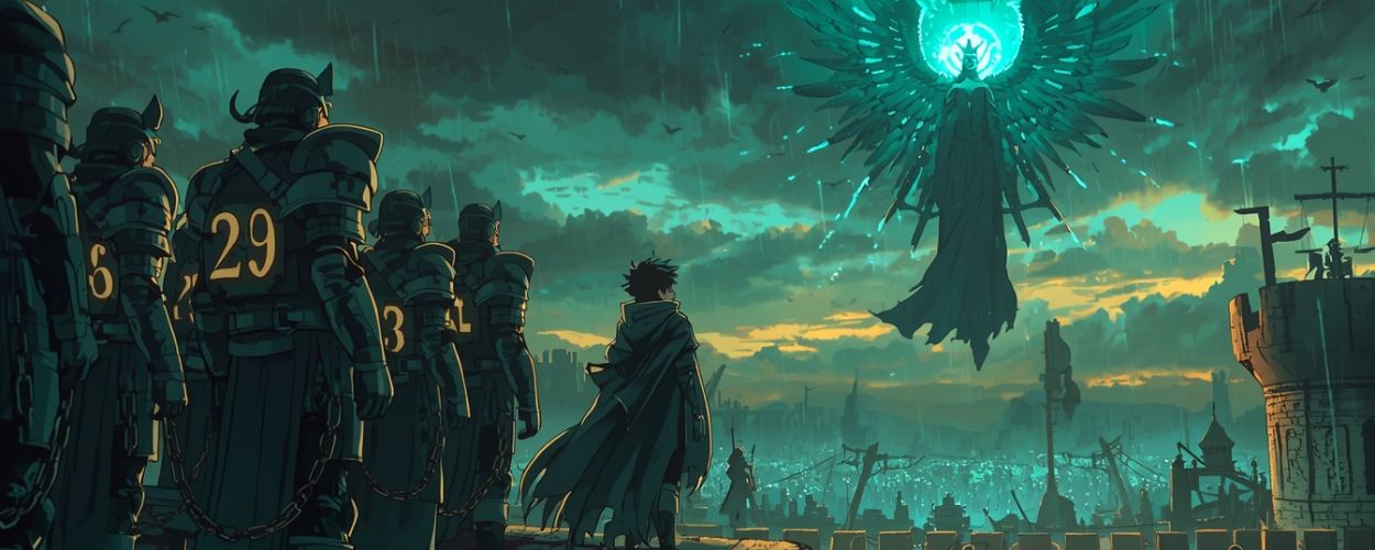 Gekettete Helden in nummerierter Rüstung stehen auf einer blutverschmierten Festungsmauer, während ihr Anführer einer gewaltigen geflügelten Göttin über einem brennenden Schlachtfeld entgegenblickt.