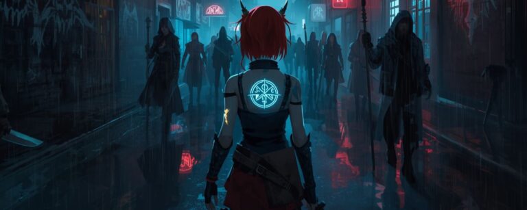 Rothaarige Dämonenjägerin mit leuchtendem Runen Symbol auf dem Rücken steht in einer verregneten Neon Gasse einer Stadt, umgeben von dunklen Gestalten mit Stäben und Schwertern.