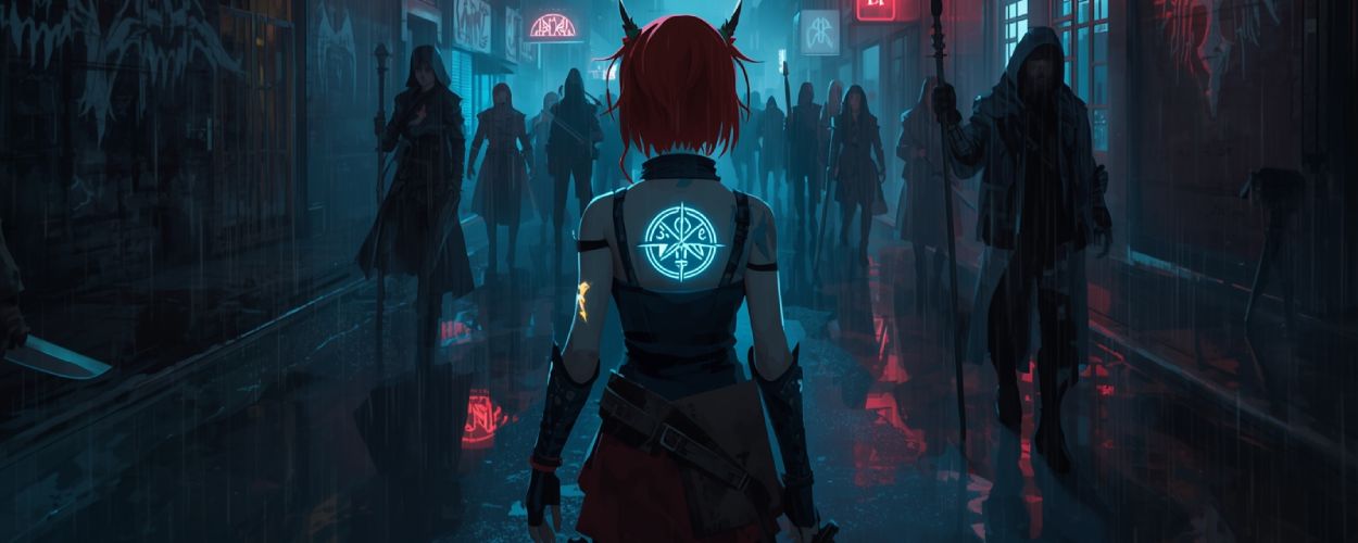 Rothaarige Dämonenjägerin mit leuchtendem Runen Symbol auf dem Rücken steht in einer verregneten Neon Gasse einer Stadt, umgeben von dunklen Gestalten mit Stäben und Schwertern.