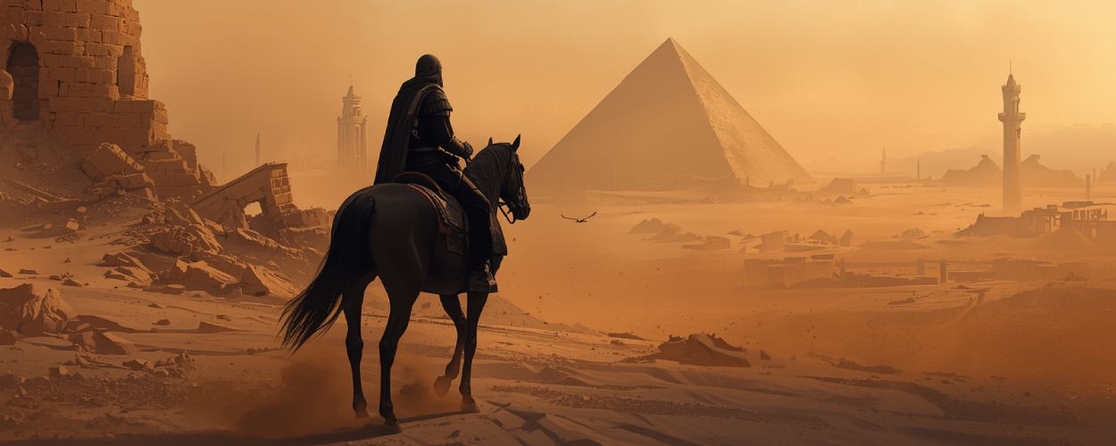 Ein vermummter Reiter auf einem Pferd blickt von einer Ruinenstadt aus über eine staubige Wüstenebene auf eine Pyramide und ferne Türme.