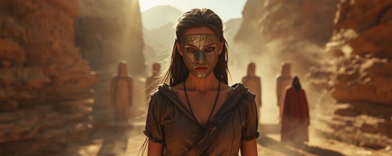 Stumme Handmaid mit zerbrochener Metallmaske steht kämpferisch in einer staubigen Wüstenschlucht, hinter ihr vier Statue-ähnliche Gestalten und eine Figur im roten Umhang, cineastische Fantasy-Szene aus dem Film Suffer.