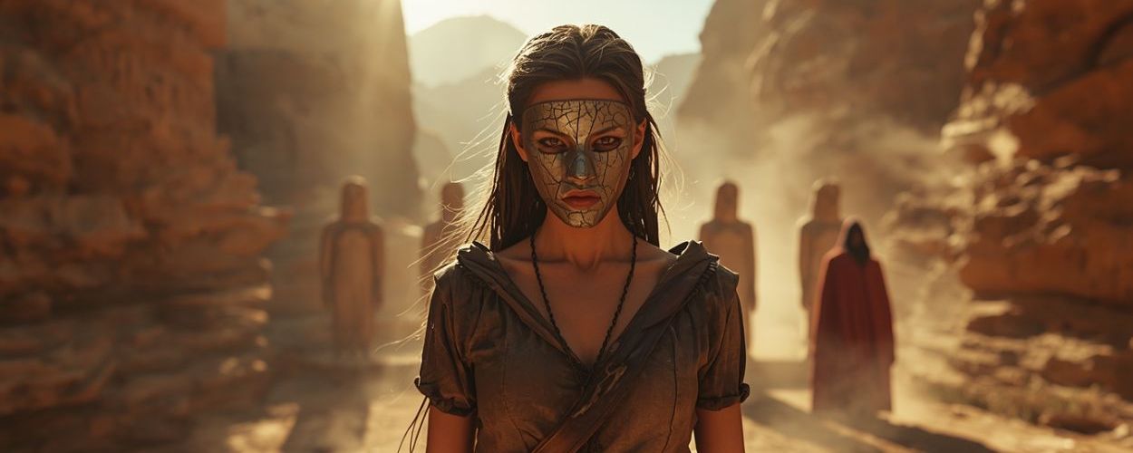 Stumme Handmaid mit zerbrochener Metallmaske steht kämpferisch in einer staubigen Wüstenschlucht, hinter ihr vier Statue-ähnliche Gestalten und eine Figur im roten Umhang, cineastische Fantasy-Szene aus dem Film Suffer.