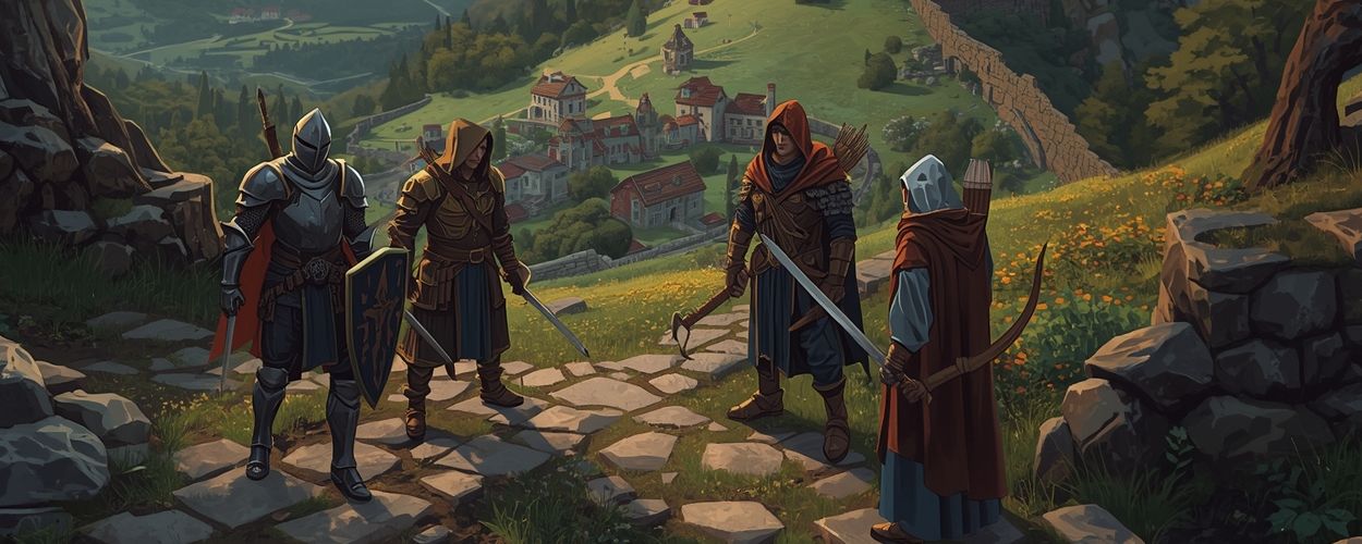 Isometrische Fantasy-Szene: Eine fünfköpfige Abenteurergruppe steht an einer Wegkreuzung in Nova Drakonia, im Hintergrund ein Dorf, Ruinen und ein fernes Gebirge, erinnert an klassische Baldur’s-Gate-RPGs, inspiriert von Swordhaven: Iron Conspiracy.