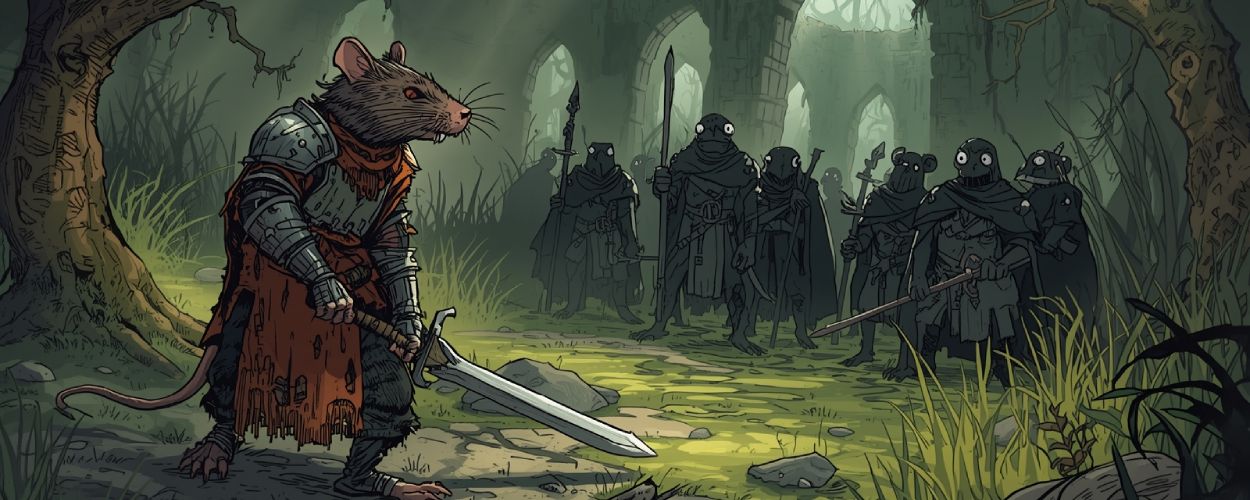 Tails of Iron: Rattenprinz in Rüstung steht mit Schwert vor Froschkriegern in einer düsteren Fantasy-Festung.