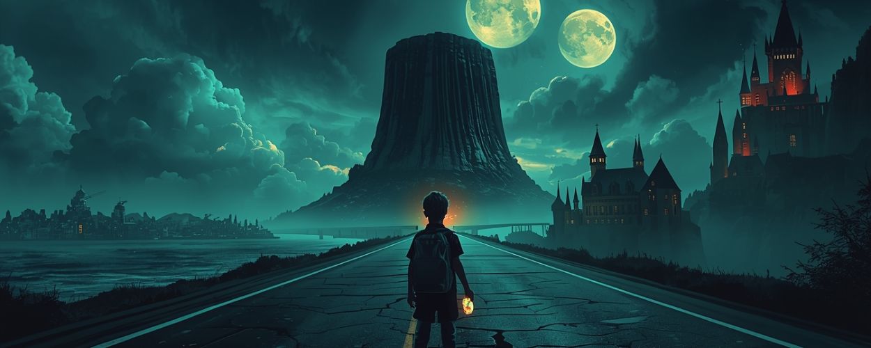 Junge mit Rucksack steht nachts allein auf einer rissigen Landstraße, in der Hand ein glühender Talisman; vor ihm ragt ein dunkler Tafelberg mit zwei grünen Monden am Himmel auf, links eine ferne Stadt am Wasser, rechts eine gotische Burg im Nebel.