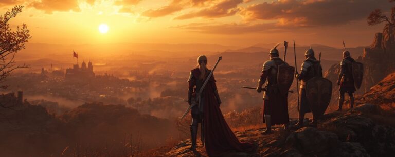 Heldengruppe mit Schwertkämpferin und zwei Rittern blickt von einem Felsen bei Sonnenuntergang auf eine Festung, rechts sitzt ein gepanzerter Lord auf einem Thron mit roter Flagge.