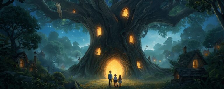 Drei Kinder stehen nachts vor einem riesigen Zauberbaum, dessen leuchtende Türen und Fenster den Wald erhellen, während rundherum kleine Häuschen im Dunkel liegen.