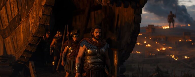 Odysseus in bronzener Rüstung führt griechische Krieger bei Nacht aus dem Inneren des Trojanischen Pferdes, im Hintergrund brennende Stadtmauern von Troja und die ferne Silhouette eines riesigen Kriegers im Rauch.