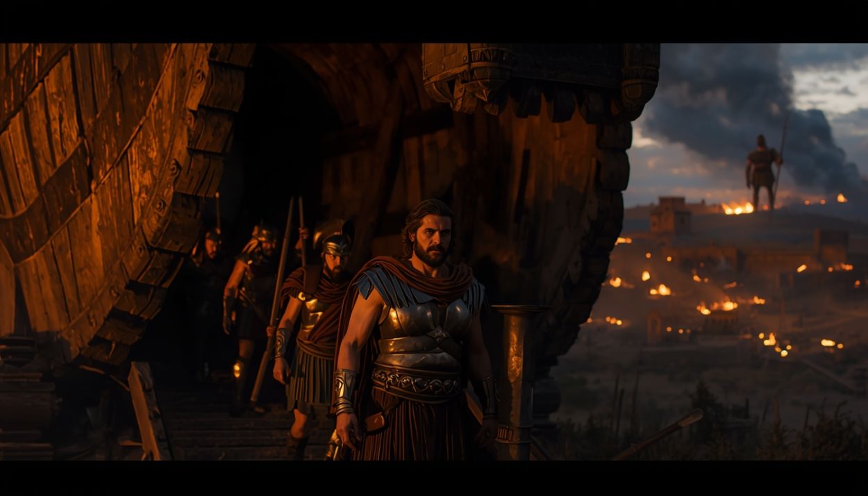 Odysseus in bronzener Rüstung führt griechische Krieger bei Nacht aus dem Inneren des Trojanischen Pferdes, im Hintergrund brennende Stadtmauern von Troja und die ferne Silhouette eines riesigen Kriegers im Rauch.