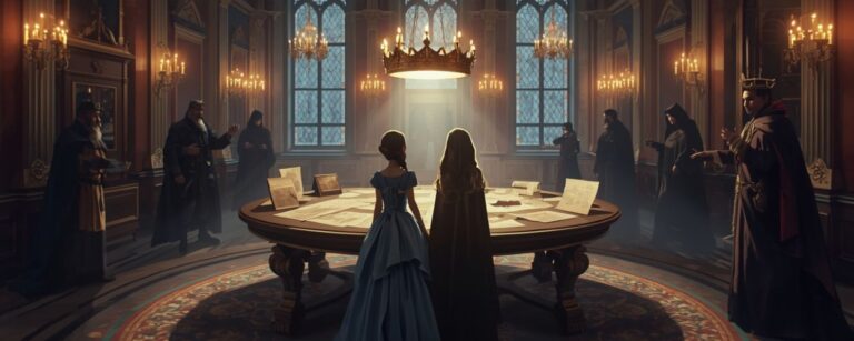 In einem prunkvollen Saal mit hohen Fenstern und Kerzenleuchtern stehen eine Prinzessin im blauen Kleid und eine Magierin im Umhang vor einem runden Tisch voller Schriftrollen, über dem im Licht eine Krone schwebt, während im Hintergrund ein König und Berater hitzig diskutieren – Symbolbild zur Fantasyserie The Ring and The Crown auf Disney Plus.