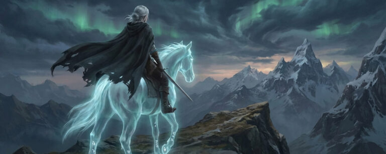 Eine weißhaarige Kriegerin sitzt auf einem geisterhaften Pferd am Rand eines steilen Berggrats, im Hintergrund ragen verschneite Gipfel unter einem grünen Nordlicht in den dunklen Himmel.