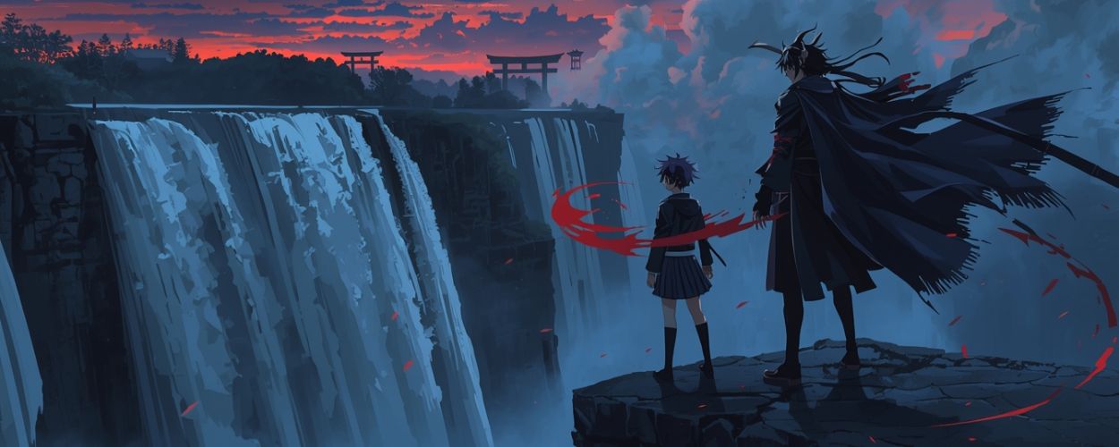 Tougen Anki Nikko Kegon Falls Arc: zwei Anime-Figuren mit Blutband stehen auf einer Felsklippe vor gigantischen Wasserfällen bei düsterem Sonnenuntergang.